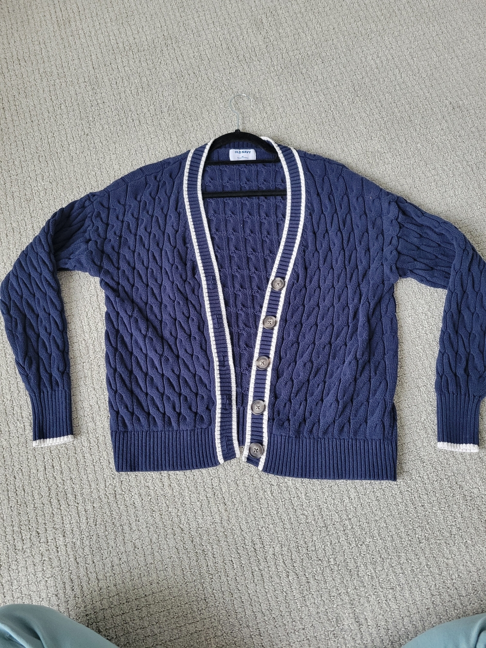 Old Navy Women's Navy Cable-Knit Cardigan with White Trim